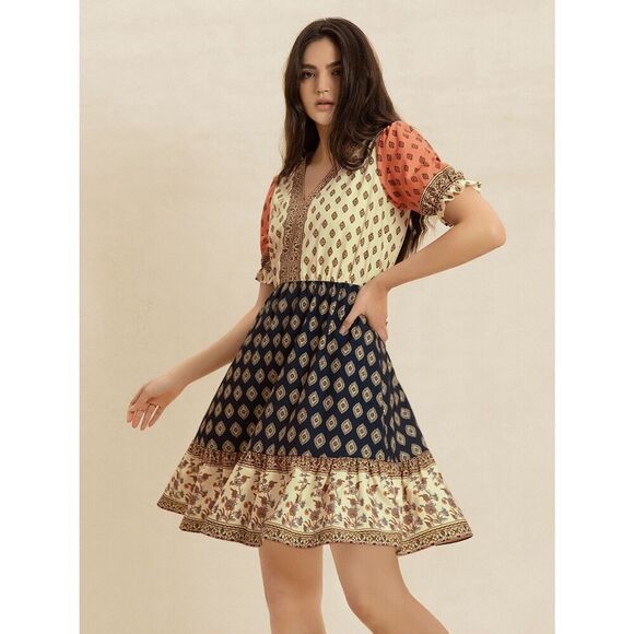 Casual Mod Print Colorblock Dotted V-Neck Short Sleeve Country Dress Sz XL - Picture 5 of 10